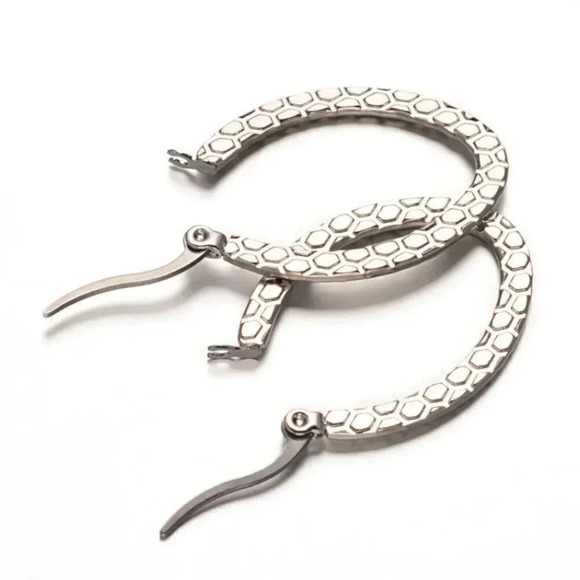 Surgical Stainless Steel Art Deco Carved Hexagon Pattern Silver Hoop Earrings - Picture 2 of 2